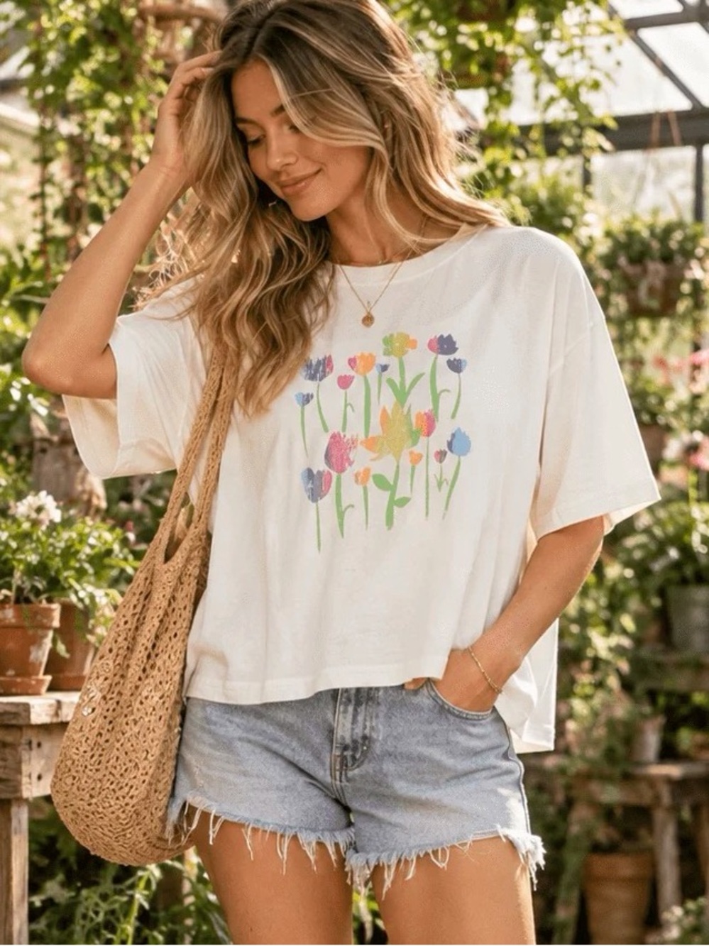 A548 Floral Graphic Boxy Tee - White
